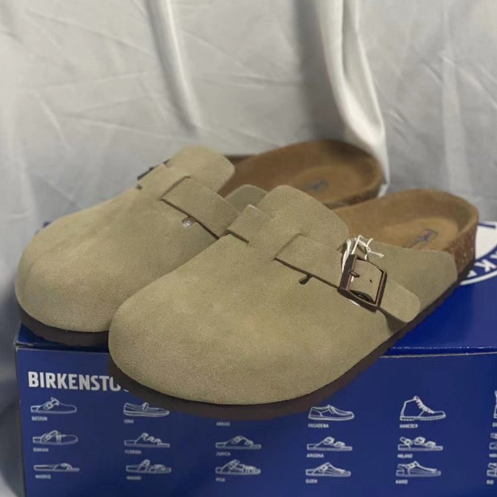 Birkenstock Boston taupe suede mule clogs
